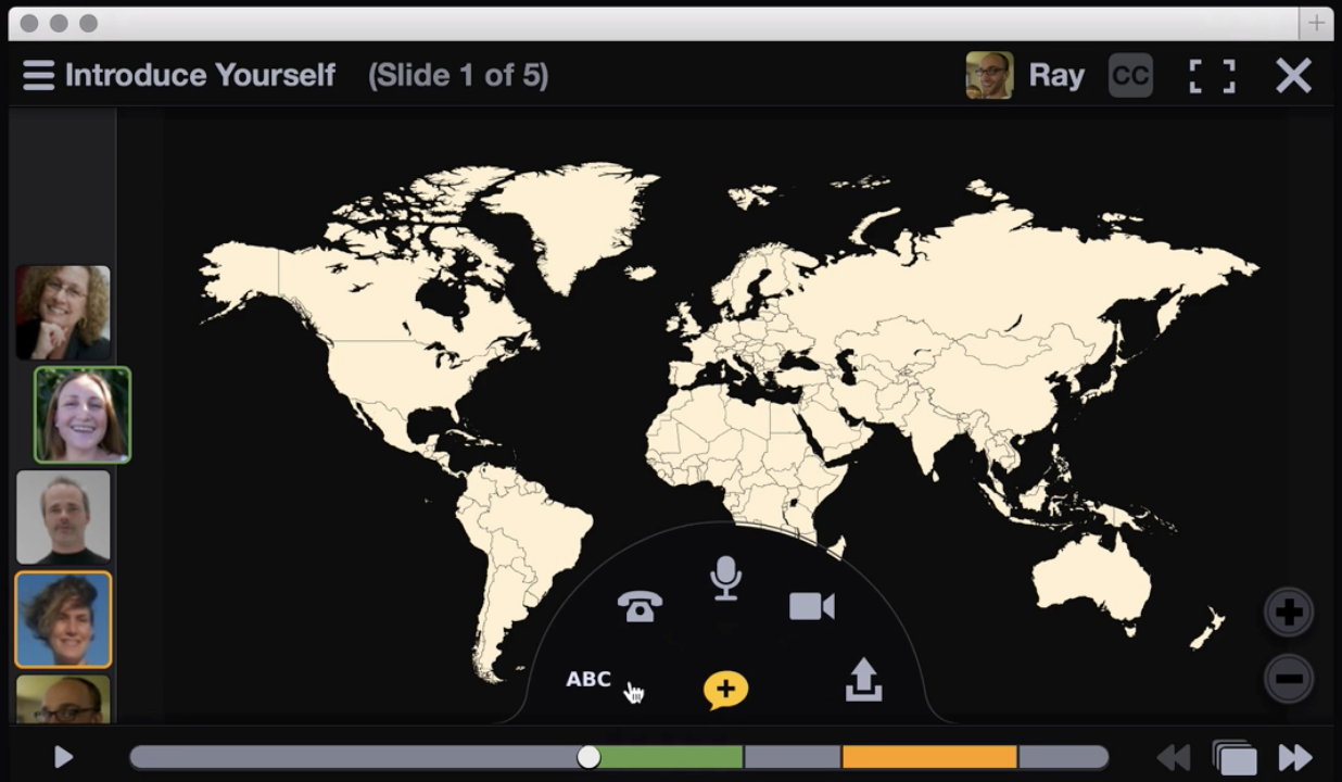A demo of Voicethread, showing a map slide with various student profile photos on the left for comments left.